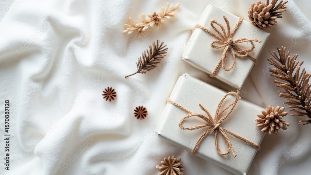 Fototapeta premium Two Minimalist White Gift Boxes with Natural Twine and Dried Floral Accents on White Fabric