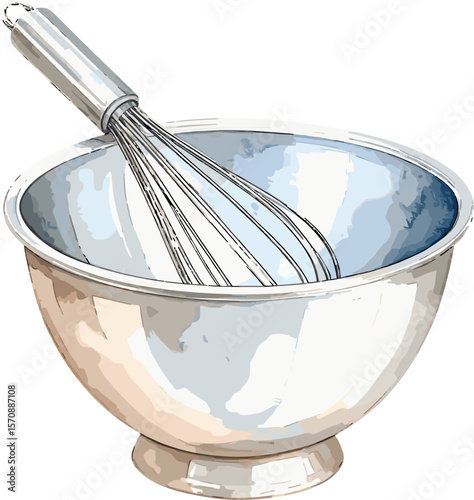 Stainless mixing bowl watercolor baking tools and ingredients vector illustration