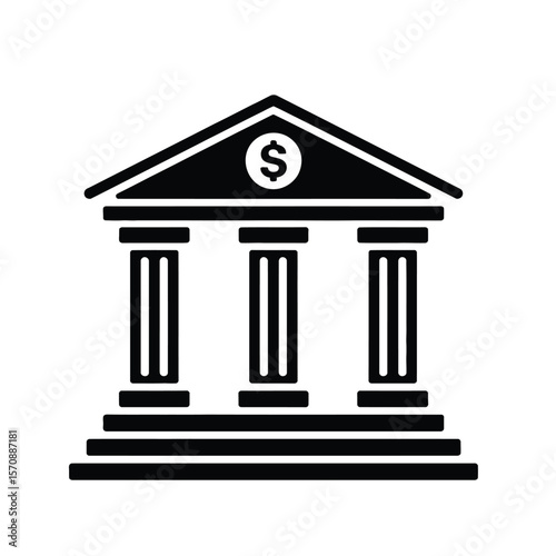 Black and white vector of traditional bank building with pillars, representing finance, savings, and economic stability icon