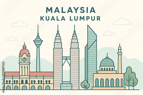 A clean, stylized illustration of the Kuala Lumpur cityscape, highlighting famous architectural wonders and the city's vibrant character.