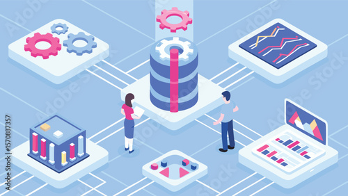 Isometric view of a collaborative workspace with computers and data visualizations displayed on screens