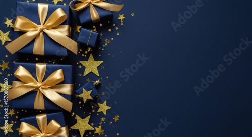 Vertical Row of Blue Gift Boxes with Golden Bows