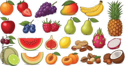 A vibrant collection of fresh fruits and nuts on a white background