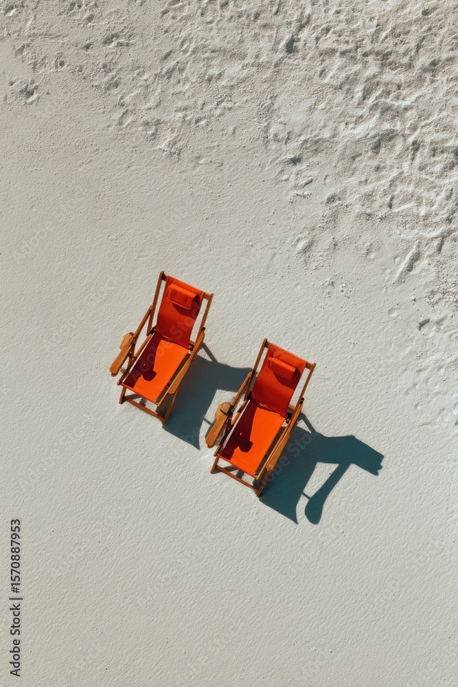 Obraz premium Two orange canvas beach chairs sit side-by-side on a pristine white sand beach, casting shadows in the sunlight