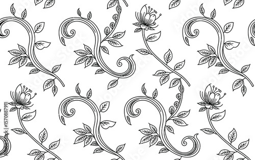 Black and white floral pattern with stylized flowers and leaves