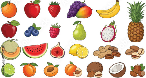 Collection of fresh fruits and nuts isolated on white background for healthy eating
