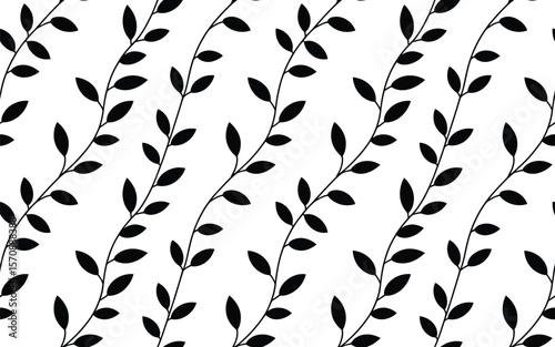 Black Leafy Vines Pattern on White Background leaves