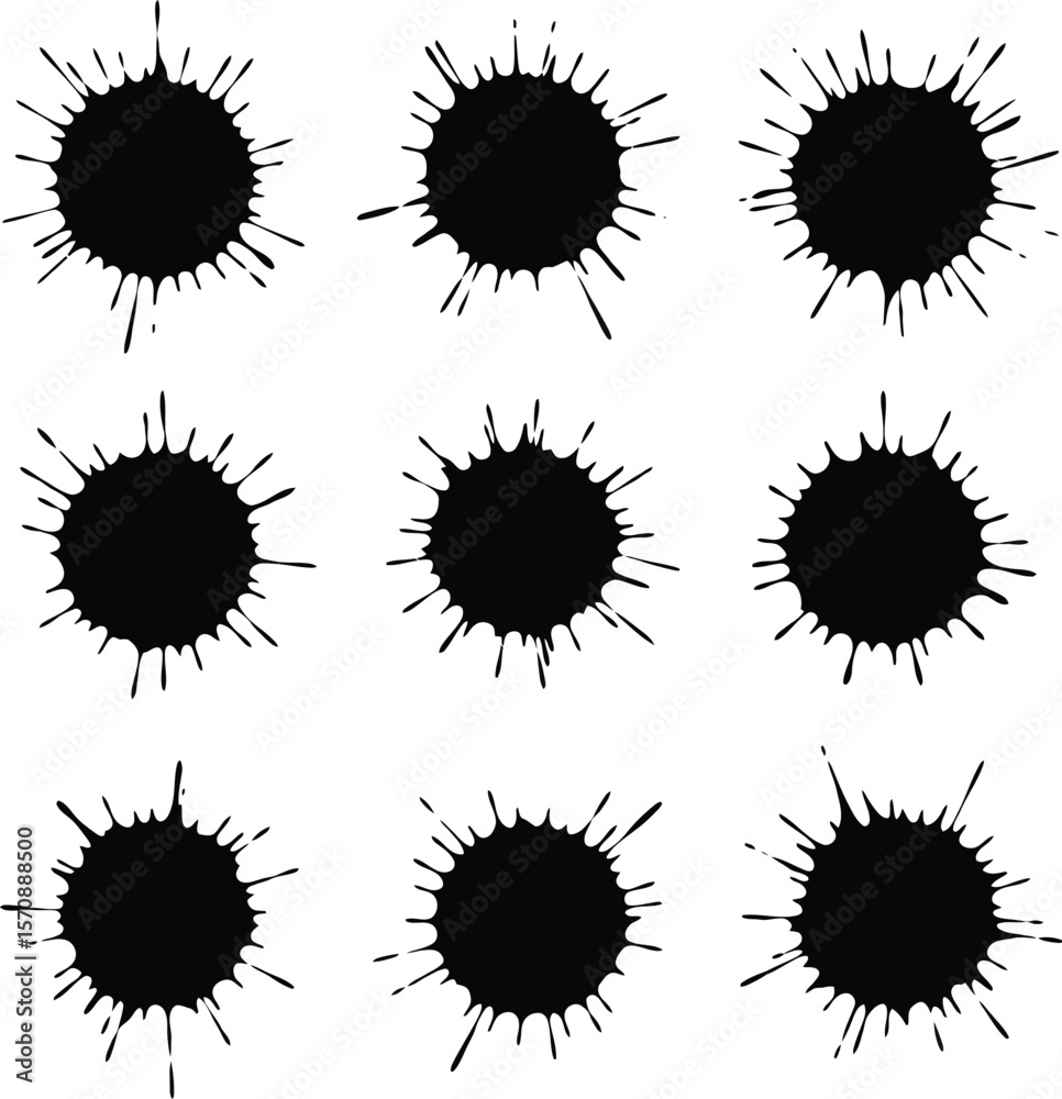 Fototapeta premium Nine black ink splatter blots isolated on white background