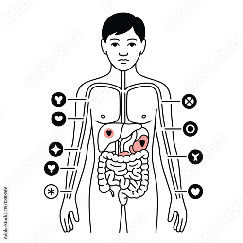 Human body with affected organ marked, black and white vector illustration highlighting specific health concerns