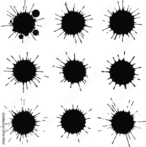 Collection of nine black ink splatters and splashes on a white background