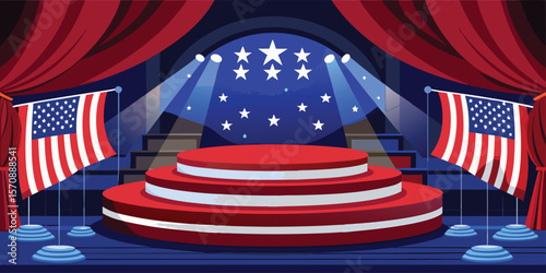 Patriotic stage red blue stars spotlights event red curtains
