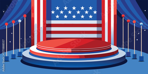 Patriotic stage with circular platform and stars American flag