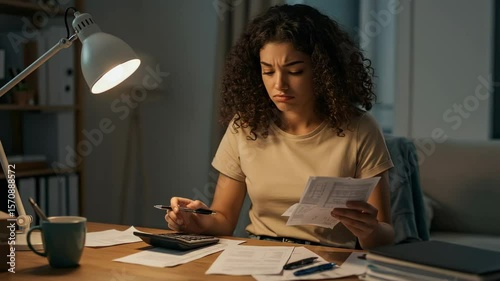 Worried young woman reviews bills, using calculator late at night.