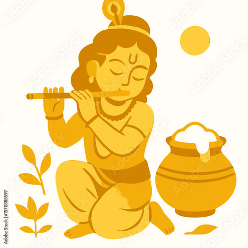 Child Krishna Playing Flute Beside Butter Pot
