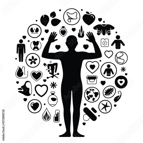 Human figure surrounded by health icons, black and white vector illustration