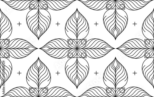 Black and white repeating leaf pattern with plus signs