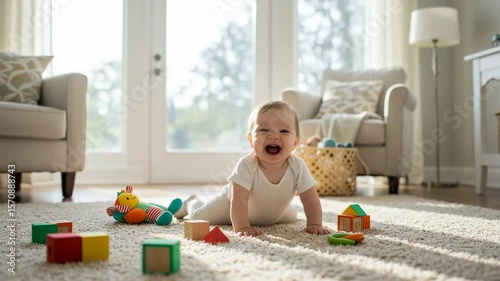 A joyous baby crawls on a rug in a sunlit room, surrounded by colorful toys and building blocks.