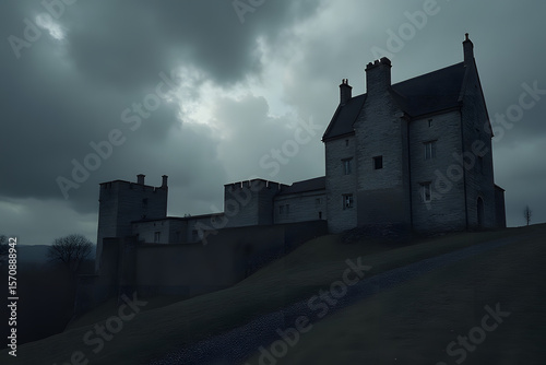 A black-and-white stone castle contrasting against a stormy sky.
