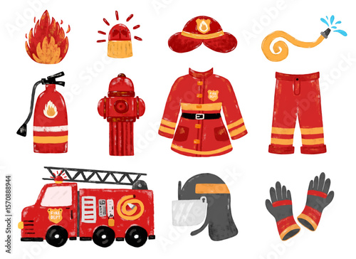 Cute set collections of red hand drawn fireman firefighter suit jacket uniform safety worker element doodle kids cartoon illustration crayon watercolour vector clipart
