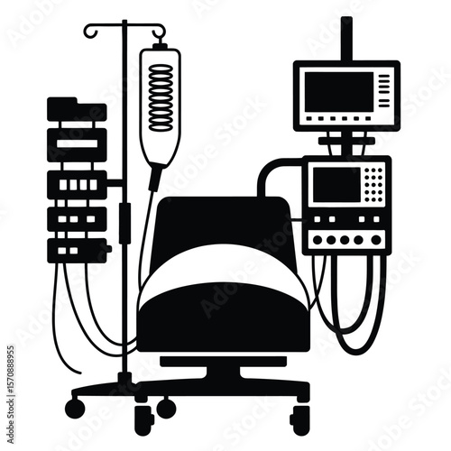 ICU setup with ventilator, black and white vector illustration representing intensive care, critical support, and hospital medical equipment