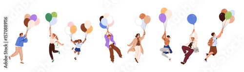 Set of happy people flying with balloons in the sky. Men, women and kids fly up with cute bunch of ballons. Characters dream, soaring in the air. Flat isolated vector illustrations on white background