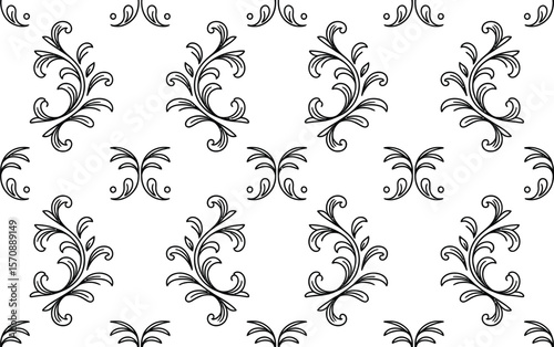 Black Floral Pattern on White Background seamless