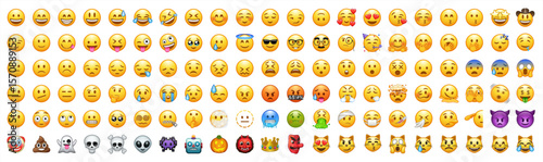 Set of yellow emoji and emoticon faces in vector graphic format on a transparent background. This collection represents a variety of emotions and expressions, perfect for digital designs. Vector icon.