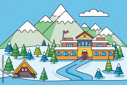 Tourist winter resorts in mountains with snow hills