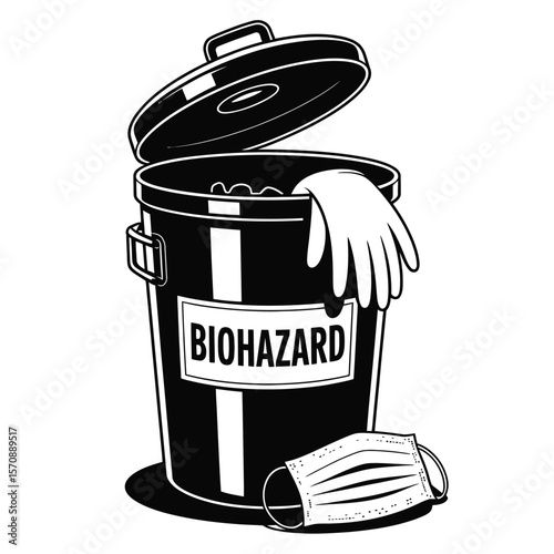 Medical waste bin with biohazard label, black and white vector illustration symbolizing clinical safety and healthcare hygiene protocols