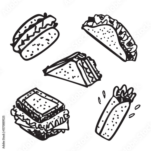 Set of sandwich illustrations: Hotdog, Hamburger, Kebab and Barreto. Hand drawn vector style in black and white. Suitable for use as illustrations or decorative elements.