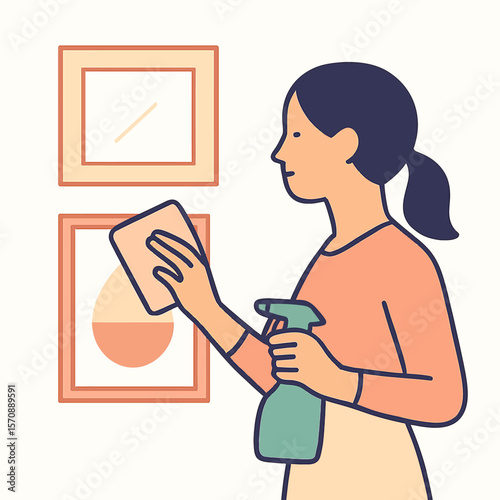 Woman Cleaning Picture Frames With Spray Bottle