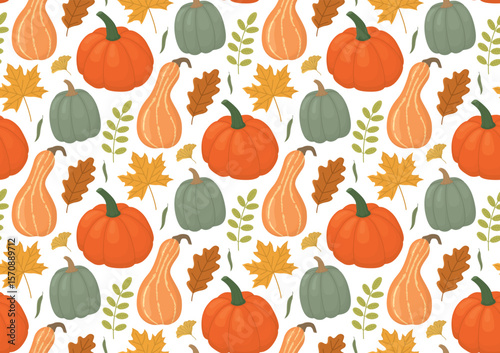 Seamless pattern with pumpkins and autumn leaves. Seasonal  fall bright background