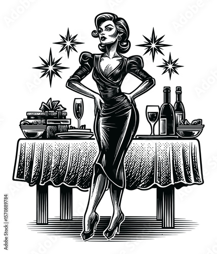 Elegant Woman in Vintage Dress with Party Table and Festive Decorations