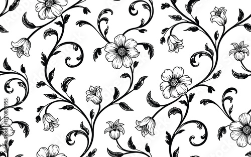 Black and White Floral Pattern with Flowers and Vines