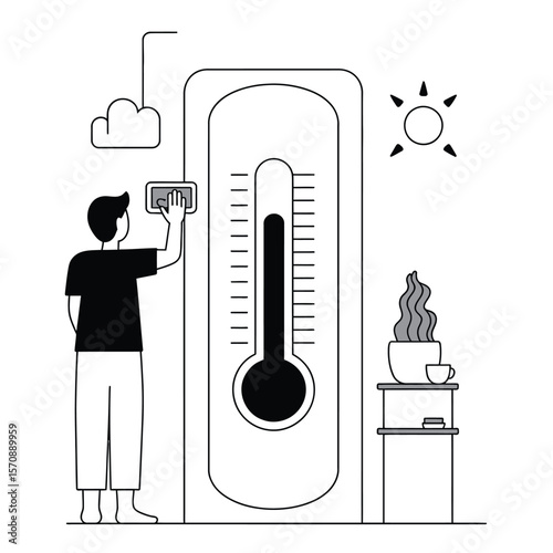 Person checking temperature at home for self-monitoring health, black and white vector illustration