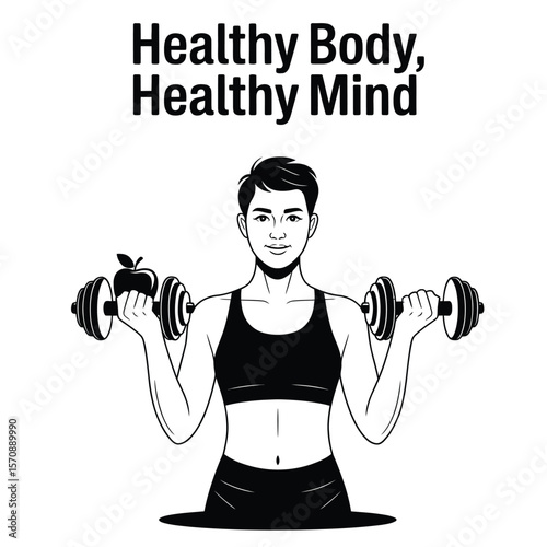 Person holding apple and dumbbell symbolizing wellness balance, black and white vector illustration
