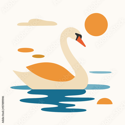 Elegant Swan Gliding On Lake At Sunset
