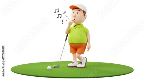 Cartoon golf player whistling on green