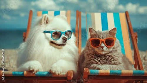 Cute animals relax at beach wearing sunglasses on sunny day