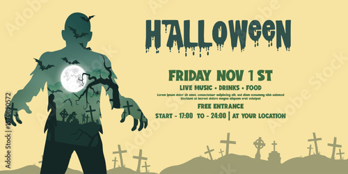 Halloween zombie party poster design template 