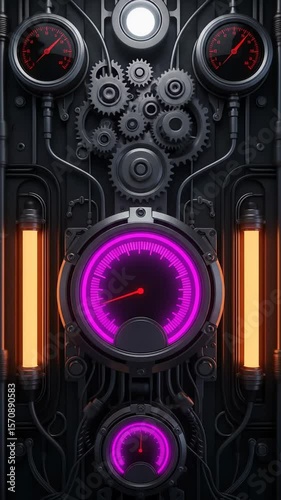 Intricate Mechanical Instruments with Dials and Gears on a Dark Background in a Futuristic Setting