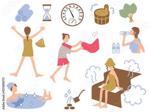 サウナ関連グッズと女性イラストセット