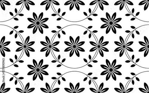 Black and White Floral Pattern with Repeating Flower and Leaf Elements