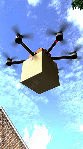 Drone delivering package against a partly cloudy sky