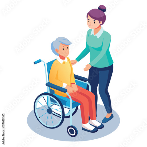 Disabled senior man and woman in wheelchairs with nurse assistance