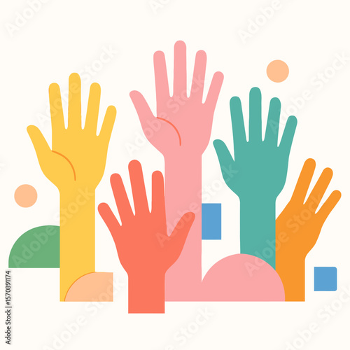 Colorful Diverse Hands Raised For Teamwork