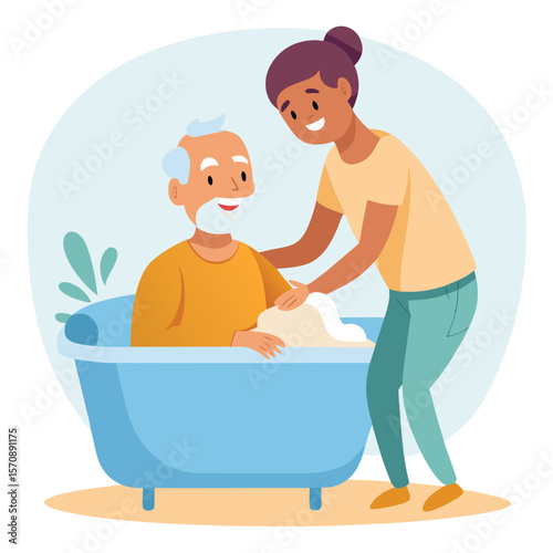 Mother and child bathing with toy in a fun, clean bubble bath