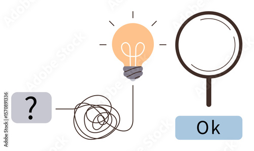 Question mark connects to tangled lines leading to a glowing light bulb and magnifying glass above Ok. Ideal for problem-solving, innovation, analysis, validation, thinking process, logical flow