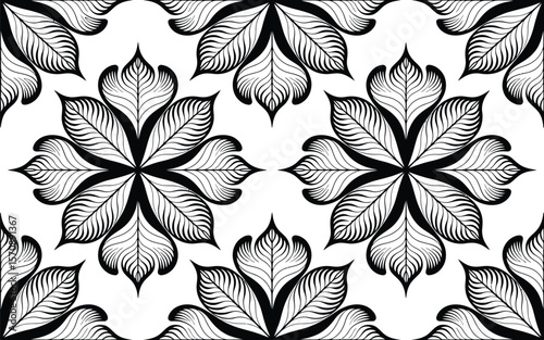 Black and White Floral Pattern with Leaf Motifs leaves