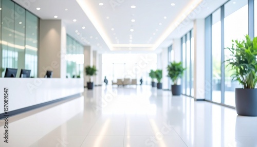 Cool Blurred hotel or office building lobby blur background interior view toward reception hall modern luxury white room space with blurry corridor and building glass wall window 